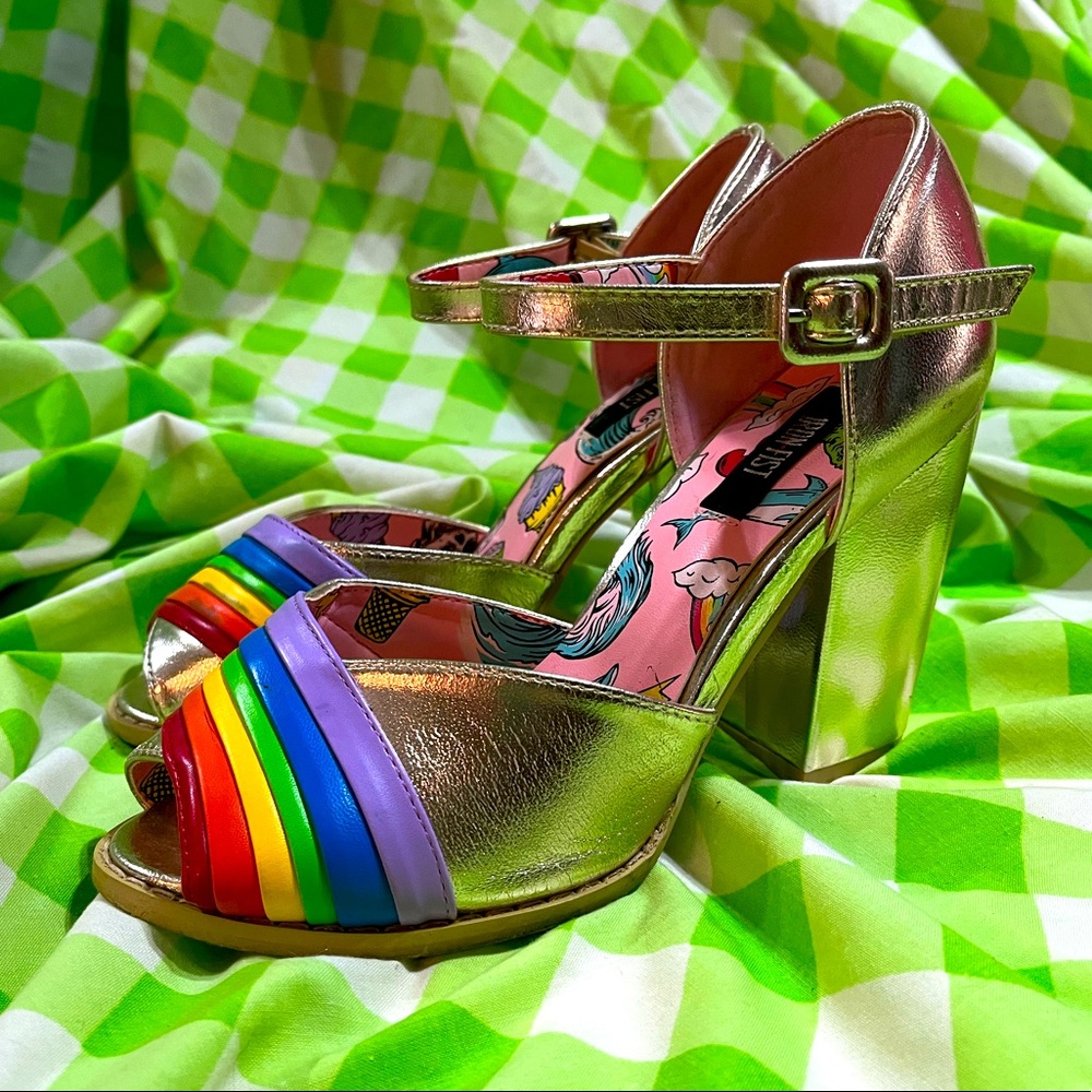 Iron Fist Gold Over the Rainbow Peep Toe Chunky Heels